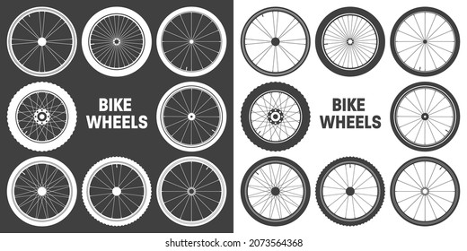 Black and white bicycle wheel symbols. Bike rubber tyre silhouettes. Fitness cycle, road and mountain bike. Vector illustration.