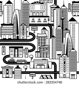 Black and white big city seamless pattern with houses, skyscrapers, vehicles. Vector illustration.