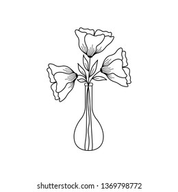 Black and white big hand drawn flowers in a glass vase.Minimalistic botanical illustration for posters,stickers,print on t-shirts,mug print,decoration for greeting cards,planners and more