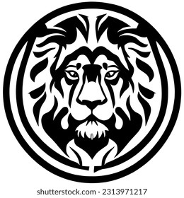 black and white big male lion logo, spooky long hair, authoritative brave lion,