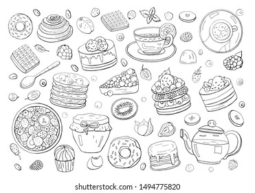 Black and white big set of different elements of breakfast isolated on white background. Different drinks, cakes and sweets. Tea, coffee, donut, granola, honey, pancakes, waffles and sweets. Cafe menu