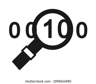 Icono de silueta de búsqueda binaria en blanco y negro. Código binario en lupa. Ilustración vectorial para sitio web o aplicación