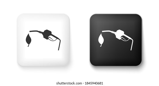Black and white Bio fuel concept with fueling nozzle and leaf icon isolated on white background. Natural energy concept. Gas station gun sign. Square button. Vector.
