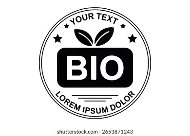 Carimbo BIO preto e branco com folhas, estrelas e texto personalizável. Ilustração vetorial para produtos orgânicos.