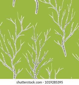 Black and white birch trees on green grass in spring seamless pattern, vector