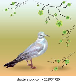 Black and white bird with branches with green flowers on colorful background