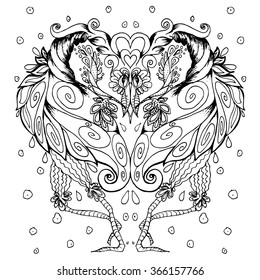 Black and white bird drawing for coloring book, detailed design coloring page illustration in black outline, dancing flamingo birds in love, abstract hand drawing, detailed design isolated birds.