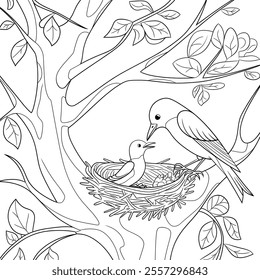A black and white a bird feeding its young is nature coloring page of a line art 