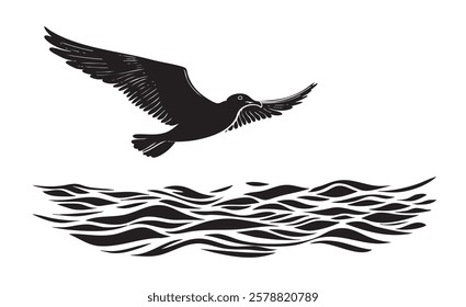 A black and white bird flying over the water