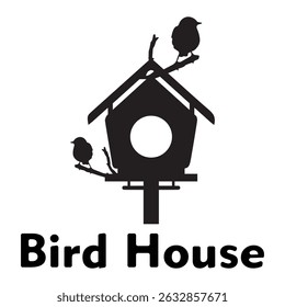 black and white bird house illustration. Bird house silhouette