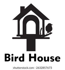 black and white bird house illustration. Bird house silhouette