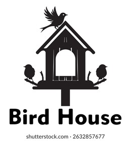 black and white bird house illustration. Bird house silhouette