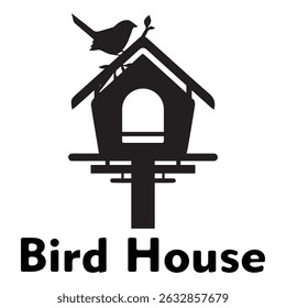 black and white bird house illustration. Bird house silhouette