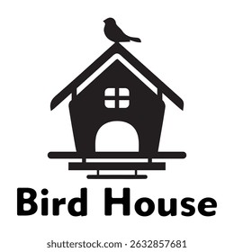 black and white bird house illustration. Bird house silhouette