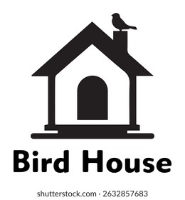 black and white bird house illustration. Bird house silhouette