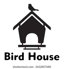 black and white bird house illustration. Bird house silhouette