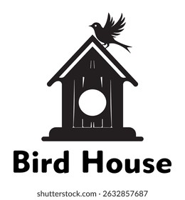 black and white bird house illustration. Bird house silhouette