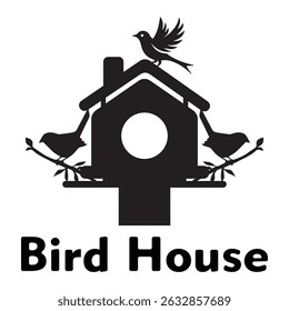 black and white bird house illustration. Bird house silhouette