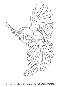 Black and white bird illustration perfect for coloring books, adult coloring pages, or creative art projects. Features intricate details and nature-inspired design