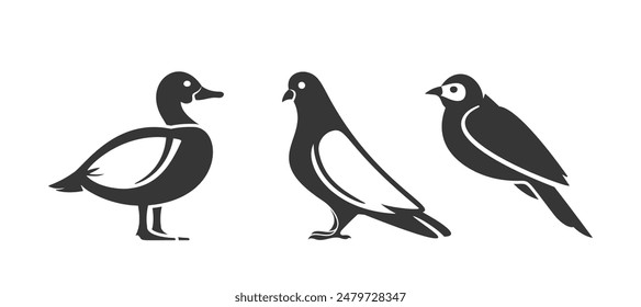 Black And White Bird Illustrations Featuring Negative Space Art. Depicting A Duck, Pigeon, And Sparrow, Vector