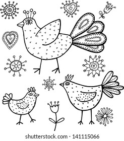 Black and white bird land. Hand drawn illustration.
