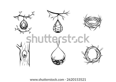 Black and white bird nests set line art vector collection