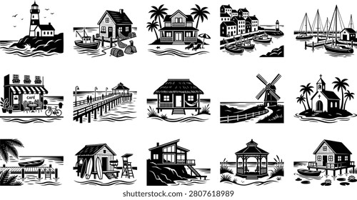 Black and white of bird sanctuary with various birds perched on houses and structures