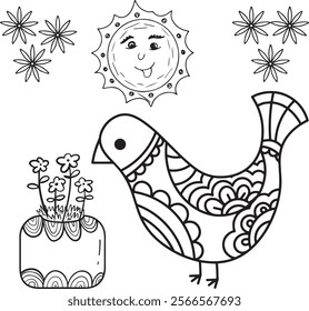 BLACK AND WHITE BIRD ,SUN,POT DESIGN