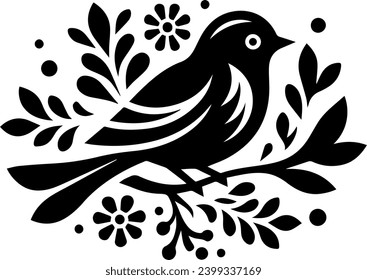 Black and white bird in the tree silhouette on a branch with flowers, in the style of folk art-inspired illustrations, rounded, inlay, clean and sharp inking, symmetrical design, distinctive character