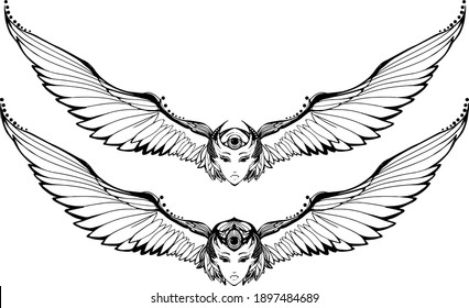 A black and white bird with a woman's face and large wings. Isolated vector tattoo on white background.