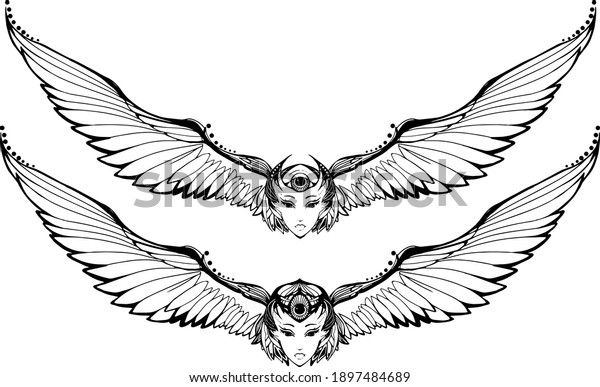A black and white bird\
with a woman\'s face and large wings. Isolated vector tattoo on\
white background.