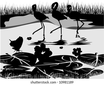  black and white birds and lake vector composition