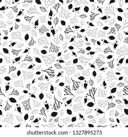Black and White Birds Vector repeat pattern. Nature inspired elements are birds, leaves and sprigs. Perfect for interior projects, wall paper, nursery or kids room decor.