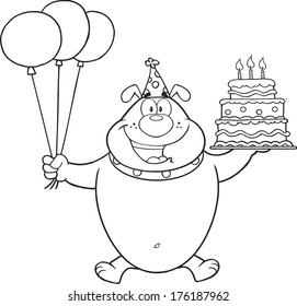 Black And White Birthday Bulldog Cartoon Character Holding Up A Birthday Cake With Candles