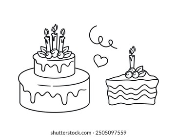 Black And White Birthday Cake With Candles And Heart Sketch Celebrates Special Occasion. Vector Doodle