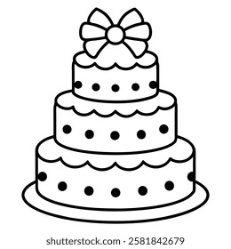 Black and White Birthday Cake Outline with Candle and Bow. Line art birthday cake icon, Set of silhouette birthday cake vector illustration