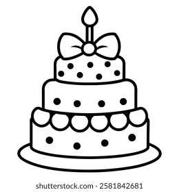 Black and White Birthday Cake Outline with Candle and Bow. Line art birthday cake icon, Set of silhouette birthday cake vector illustration