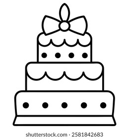 Black and White Birthday Cake Outline with Candle and Bow. Line art birthday cake icon, Set of silhouette birthday cake vector illustration