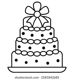 Black and White Birthday Cake Outline with Candle and Bow. Line art birthday cake icon, Set of silhouette birthday cake vector illustration