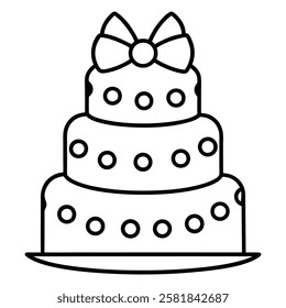 Black and White Birthday Cake Outline with Candle and Bow. Line art birthday cake icon, Set of silhouette birthday cake vector illustration