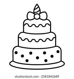 Black and White Birthday Cake Outline with Candle and Bow. Line art birthday cake icon, Set of silhouette birthday cake vector illustration