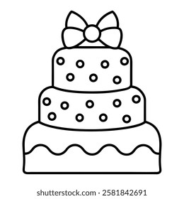 Black and White Birthday Cake Outline with Candle and Bow. Line art birthday cake icon, Set of silhouette birthday cake vector illustration