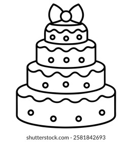 Black and White Birthday Cake Outline with Candle and Bow. Line art birthday cake icon, Set of silhouette birthday cake vector illustration