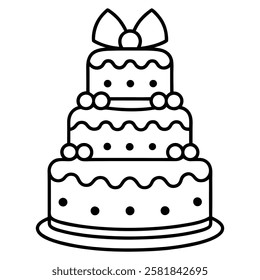 Black and White Birthday Cake Outline with Candle and Bow. Line art birthday cake icon, Set of silhouette birthday cake vector illustration