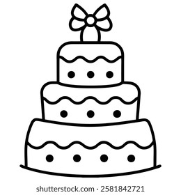 Black and White Birthday Cake Outline with Candle and Bow. Line art birthday cake icon, Set of silhouette birthday cake vector illustration