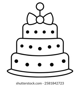 Black and White Birthday Cake Outline with Candle and Bow. Line art birthday cake icon, Set of silhouette birthday cake vector illustration