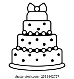 Black and White Birthday Cake Outline with Candle and Bow. Line art birthday cake icon, Set of silhouette birthday cake vector illustration