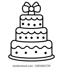 Black and White Birthday Cake Outline with Candle and Bow. Line art birthday cake icon, Set of silhouette birthday cake vector illustration