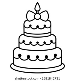 Black and White Birthday Cake Outline with Candle and Bow. Line art birthday cake icon, Set of silhouette birthday cake vector illustration