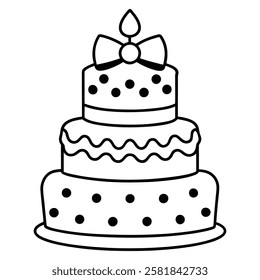 Black and White Birthday Cake Outline with Candle and Bow. Line art birthday cake icon, Set of silhouette birthday cake vector illustration